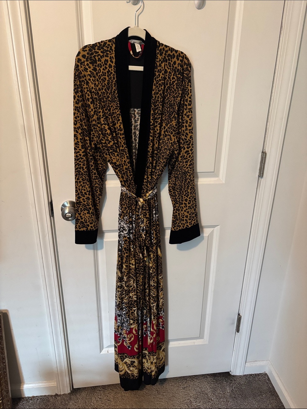 Soma Leopard Print Long Robe with Black Trim and Red Hem Accents